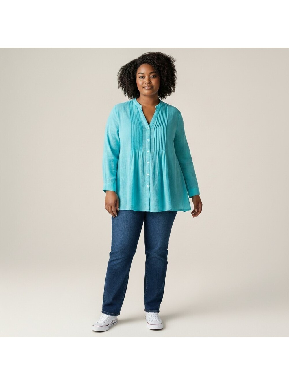 NorthStyle Shirt Women XL Blue Button Up V-Neck Long Sleeve Cotton Pleated